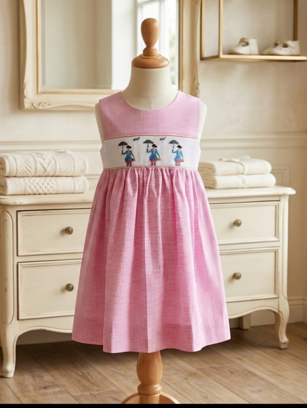 Mom & Me Pink & White Gingham Mary Poppins Smocked Dress — 2T